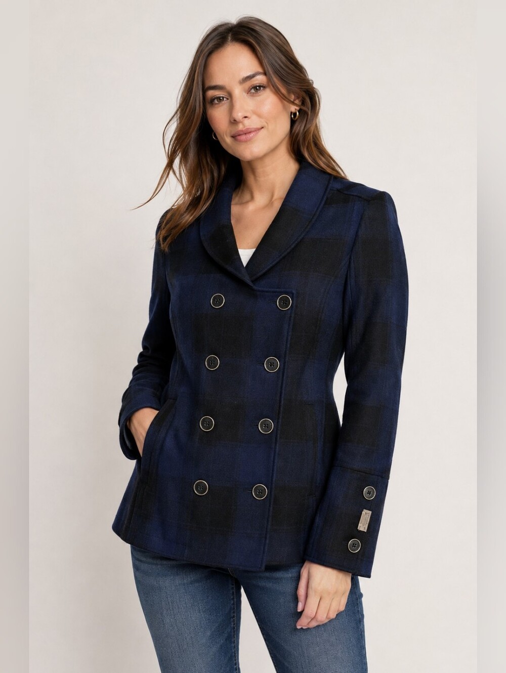 DC Women's Black & Blue Plaid Wool Pea Coat Medium